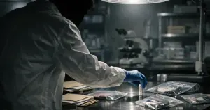 Forensic technician examining evidence materials on steel table in crime lab under focused lighting