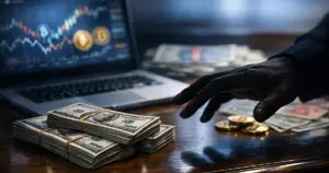 Stacks of cash beside laptop with cryptocurrency charts as silhouetted hand reaches toward money on office desk
