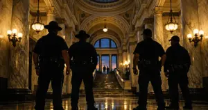 State capitol interior with silhouetted law enforcement officers standing in formation beneath marble columns