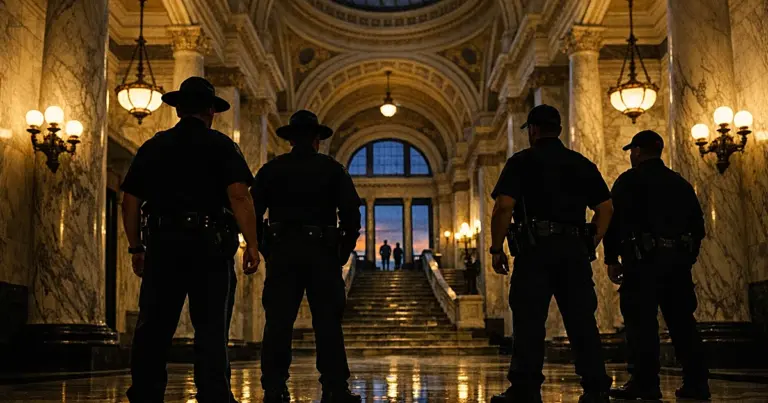 State capitol interior with silhouetted law enforcement officers standing in formation beneath marble columns