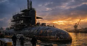 Weathered submarine docked at naval pier with abandoned repair scaffolding at dusk