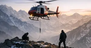 Rescue helicopter hovering over rocky Himalayan mountain ridge with cable extended during dawn evacuation operation