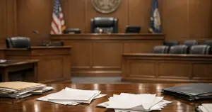 Empty federal courtroom interior with judge's bench, witness stand, and scattered legal documents on table