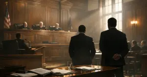 Interior of federal courtroom with judicial bench and silhouetted attorneys at counsel tables in dramatic lighting