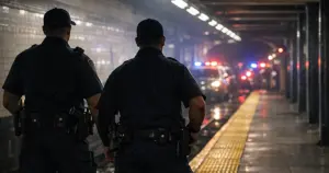 NYPD officers standing alert on empty subway platform with fluorescent lighting overhead