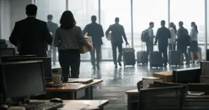 Empty office cubicles with silhouetted workers carrying boxes through corporate workspace