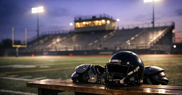 Empty high school football stadium at dusk with abandoned shoulder pads and helmet on bench in foreground