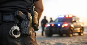 Police duty belt with equipment in focus, patrol vehicle emergency lights blurred in background on beach parking lot