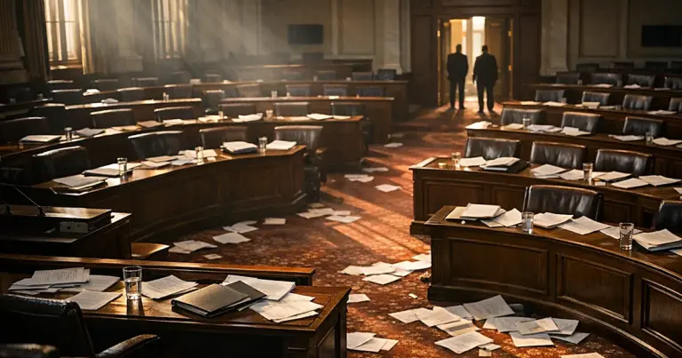 Empty legislative chamber with scattered papers on desks and dramatic window lighting creating shadows across carpet