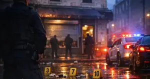 Law enforcement officer silhouette at urban storefront with evidence markers and emergency vehicle lights at dusk