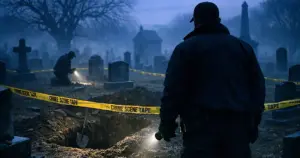 Historic cemetery at dusk with investigator silhouette examining disturbed grave site marked by crime scene tape