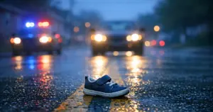 Child's sneaker abandoned in center of residential street at dawn with vehicle headlights approaching in background
