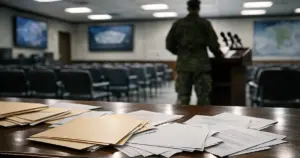 Pentagon briefing room with empty chairs, scattered documents on table, and silhouetted military figure reviewing papers