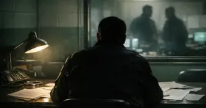 Silhouetted figure at sheriff's department desk with scattered documents under harsh lamp light