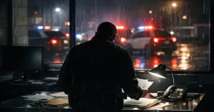 Silhouetted detective at desk in police station with emergency vehicle lights visible through window at night