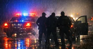 Police emergency lights flashing on wet highway during nighttime traffic stop with silhouetted officers