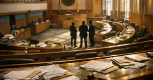 Empty New Mexico legislative chamber with scattered papers on desks, afternoon light creating dramatic shadows