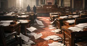 Empty House chamber floor with scattered papers and dramatic window lighting casting shadows across legislative desks