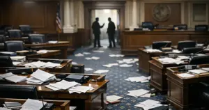 Empty legislative chamber with scattered papers on desks and floor, silhouetted figures in background