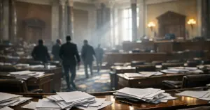 Empty Senate chamber with scattered documents on desks and silhouetted figures in background