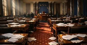 Empty Senate chamber with scattered papers on desks after late-night legislative session