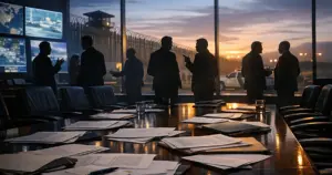 Silhouetted figures debate around conference table with scattered documents in government operations center at dusk