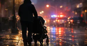 Silhouette pushing stroller on wet urban sidewalk at dusk with emergency lights in distant background