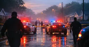 Police emergency vehicles with flashing lights on residential street at dawn with officer silhouettes