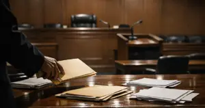 Empty federal courtroom with scattered case files on prosecution table and judge's bench in background