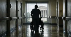 Silhouetted figure pushing wheelchair down nursing home corridor toward window showing courthouse columns