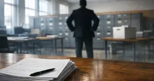 Election office interior with candidate forms on table and silhouetted official standing before filing cabinets