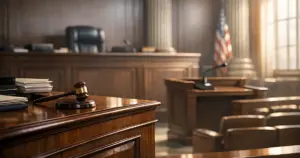 Empty federal courtroom interior with judicial bench and witness stand in natural afternoon light
