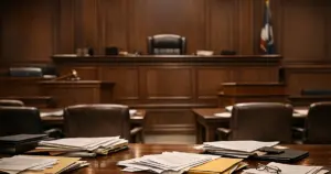 Empty federal courtroom with judicial bench and scattered legal documents on tables in dramatic lighting