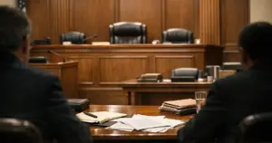 Empty federal courtroom interior with judicial bench and counsel tables with scattered documents