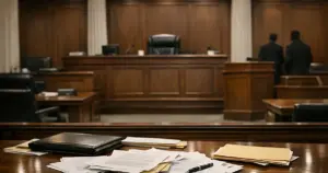 Empty federal courtroom with judge's bench and scattered legal documents on table in foreground