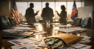 Boardroom table covered with financial documents and cash, silhouetted figures in background against city windows