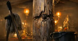 Deteriorating wooden support beam inside dimly lit temple with cleaning supplies in foreground