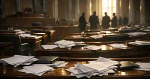 Legislative chamber interior with scattered papers on desks and silhouetted figures in background