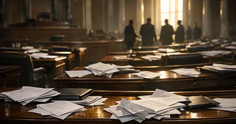 Legislative chamber interior with scattered papers on desks and silhouetted figures in background