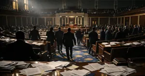 Interior of legislative chamber with silhouetted figures and scattered documents on desks during active session