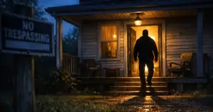 Silhouetted homeowner standing in lit doorway at dusk with no trespassing sign in foreground