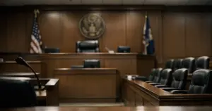 Empty federal courtroom with judge's bench, witness stand, and jury box under fluorescent lighting