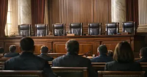 Empty Supreme Court bench with dark silhouettes of observers seated in gallery facing forward