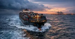 Container ship loaded with cargo moving through ocean waters at dusk with storm clouds gathering on horizon