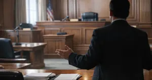 Federal courtroom interior with silhouetted attorney at defense table gesturing toward empty judge's bench