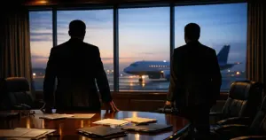 Silhouetted diplomats at conference table with scattered documents and aircraft visible through windows at dawn