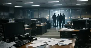 Empty federal operations center with vacant workstations and silhouetted figures in background