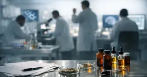 Medical research laboratory with examination table, vials, and researchers working in background