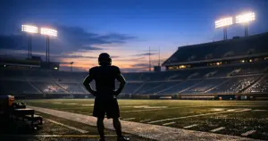 Empty college football stadium at dusk with lone silhouetted athlete standing on sideline looking at vacant stands