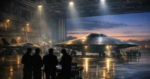 Military personnel silhouettes reviewing documents near experimental aircraft in Pentagon hangar at dusk